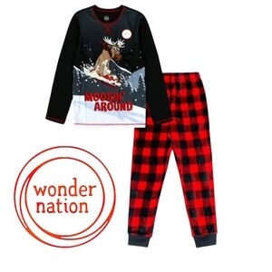 WONDER NATION Red & Black Buffalo Plaid Christmas Holiday Pajamas Set, Youth 6-7